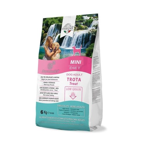 CB024/060 AEQUILIBRIAVET DOG MINI TROTA - pisztráng 6kg Monoproteines Diétás teljes értékű táp táplálék intolerancia csökkentésére. Fehérjeforrás – pisztráng. 
